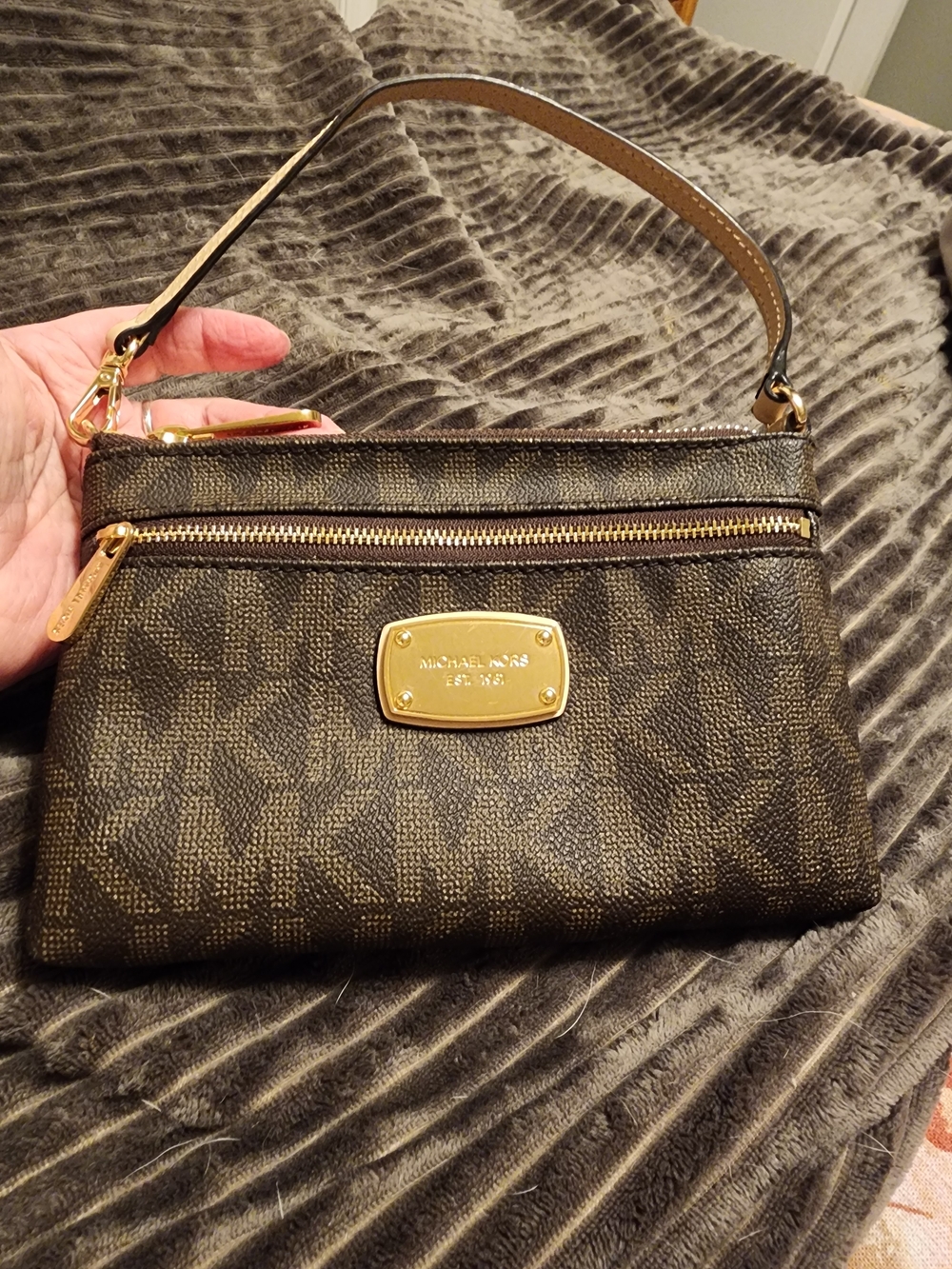 Michael Kors Brown Logo-Print Wristlet Clutch with Gold Hardware